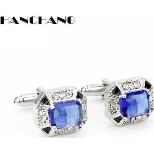 HANCHANG Gentleman Cufflinks for Business Suit Shirt Cuff Links for Mens Fashion Jewelry Rhinestones Blue Crystal Cufflinks