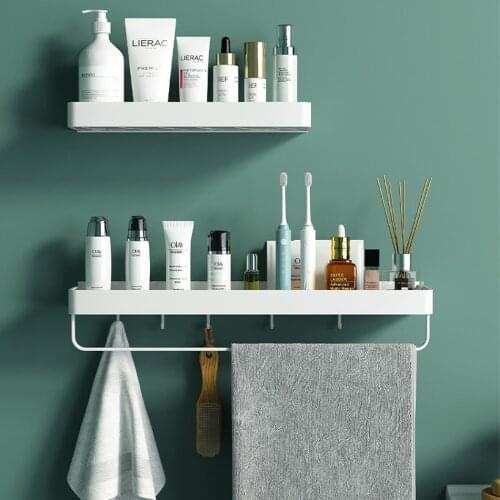 Space Aluminium Bathroom Shelf with Hook Black White Kitchen Shampoo Conditioner Holder Towel Hanger Storage Rack Organization