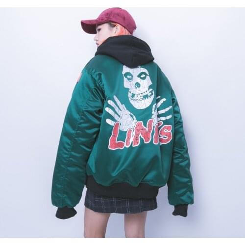 Jasmine Street spoof skull printed cotton padded jacket warm loose BF men and women of letters