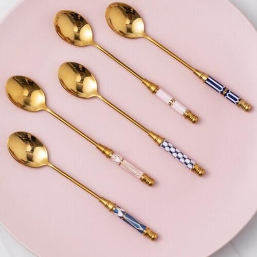 Vacuum Plating Stainless Steel Coffee Stirring Spoon Flatware Ceramic Long Handle Ice Cream Teaspoon Gold-plated Dessert Spoon
