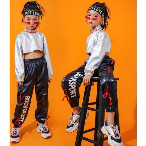 Hip Hop Clothes Kids Stage Costume Top Girls Jazz Dance Clothing Silver Top New Children Ropa Hiphop Pant Dance Costume BL3339