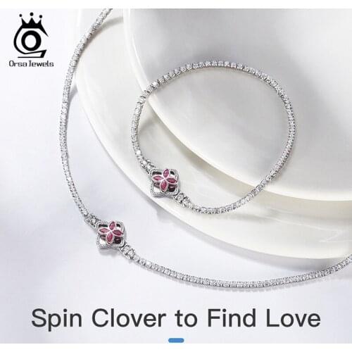 ORSA JEWELS 925 Sterling Silver Fashion Spin Clover Tennis Bracelet for Women Girls Trendy Bracelets Wedding Party Gifts SB110