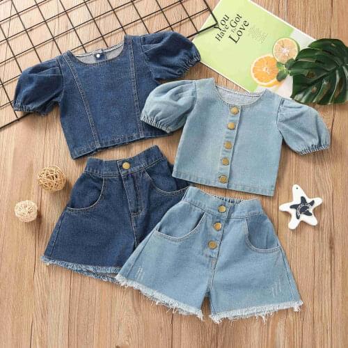 1-6Y Toddler Kids Baby Girls Short Sleeve Tops Denim Shorts Outfits Clothes Summer Fashion Casual Kids Clothes Sets