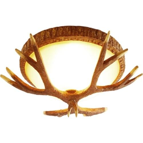 E27 Retro Antler Ceiling Light Resin+Glass American Country Antique Light Living Dining Room Bedroom Cafe Villa Ceiling Lamp