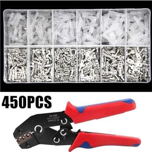 SN-48B crimping pliers 0.25-1.5mm2 23-16AWG with 450Pcs 2.8 4.8 6.3mm terminal box Car connector wire electrician tools