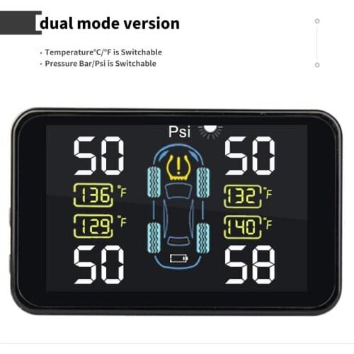 TPMS Built-in External Sensors Solar Charging Automatic Poweron Adjustable Temperature Pressure Unit with 4 Sensors