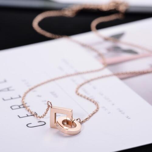 YUN RUO Rose Gold Color Stylish Double Circle Pendant Necklace Choker Chain 316L Stainless Steel Woman Jewelry Never Fade 2017