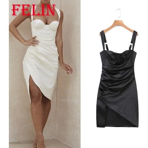 Za Womens Slim Dress Solid White Sexy Party Mini Dress Pleated Sleeveless Fashion 2021 Cami Dresses Female Streetwear Vestidos