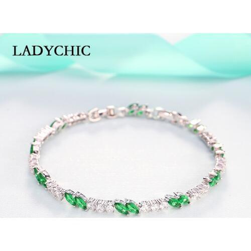 LADYCHIC Exquisite Green Crystal Bracelets Bangles for Women Romantic Silver Color Bracelet Birthday Gift for Girlfriend LB1007