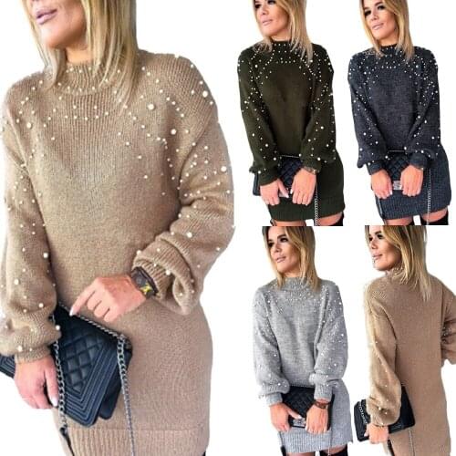 Women Autumn Winter Long Pullovers and Sweaters Half High Collar Lantern Sleeve Basic Knitted Beading Sweater Jumper Tops