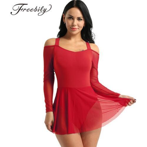 Women Ballet Leotards Off The Shoulder Long Sleeve Ballet Tutu Dress Gymnastics Leotard Stage Performance Lyrical Dance Costumes