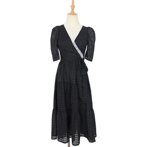 PERHAPS U Women Black V Neck Short Sleeve Lace-up Midi Dress Empire Summer Elegant Dress D2675