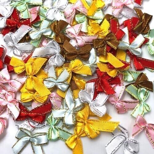 100pcs Upick Mini Satin Ribbon w/gold Flowers Bows Gift Craft Wedding Decoration A344