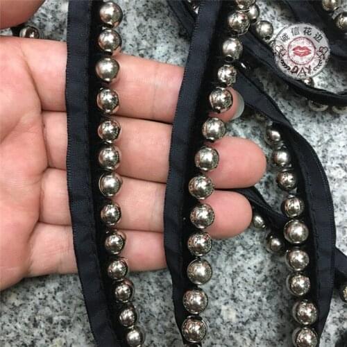 2Yds 15mm wide black side single silver beads lace fashion 8mm wide beads nail silver beads cuffs clothes side decoration A1209
