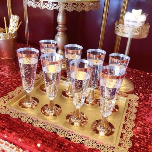 24Pcs 150 Ml Plastic Rose Gold Rimmed Clear Hard Disposable Party Wedding Cups Premium Fancy Champagne Glasses Flutes