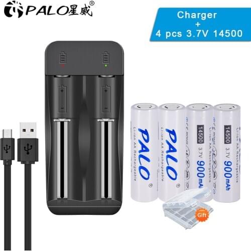 Palo 4pcs 14500 lithium li-ion rechargeable battery 3.7V 14500 batteries 900mah+2 slots LED usb 3.7V 14500 18650 battery charger