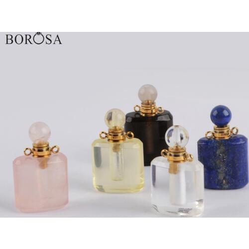 BOROSA 3Pcs Gild Natural Stones Perfume Bottle Connectors Healing Crystal Essential oil Bottle Pendant for Women Necklace WX1188