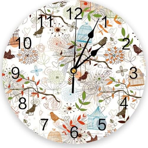 Cartoon Handdraw Brid Flower New Wall Clock Fashion Living Room Quartz Watch Modern Home Decoration Round Clocks
