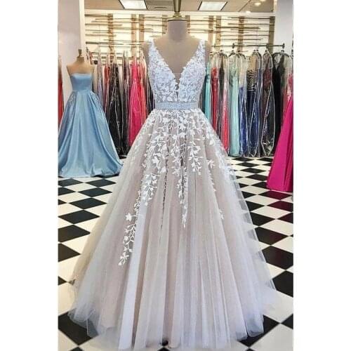 Formal Prom Dress A-line Deep V-neck Tulle Appliques Lace Beaded Long Prom Gown Evening Dresses Robe De Soiree
