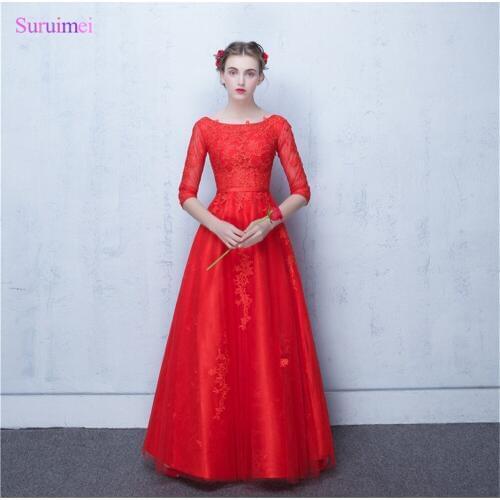 Long Evening Dresses with Sleeves O Neck A Line Floor Length High Quality Tulle Applique Corset Orange Red Evening Gown