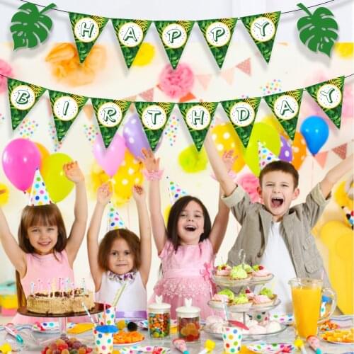 Hawaii Party Jungle Animals Palm Leaf Theme Paper HAPPY BIRTHDAY Party Hanging Banners Triangle Flags Baby Shower Party Banner