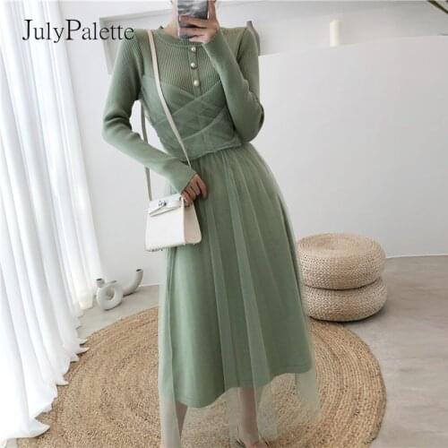 JulyPalette Fashion Mesh Splice Knit Long Dress Women Korean Solid Full Sleeve Female Autumn Winter Chic A-line Sweaters Dress