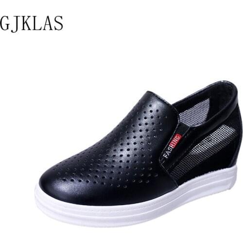 Leather Casual Shoes Women Wedge Sneakers Platforms Hollow Out Breathable Fashion Womens Sport Shoes Chunky Sneakers Woman Shoes