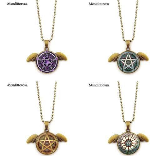 Mendittorosa Jewelry Glass Bronze Angel Wings Pendants Necklace Bijouterie Satanic Pentagram Star Symbols