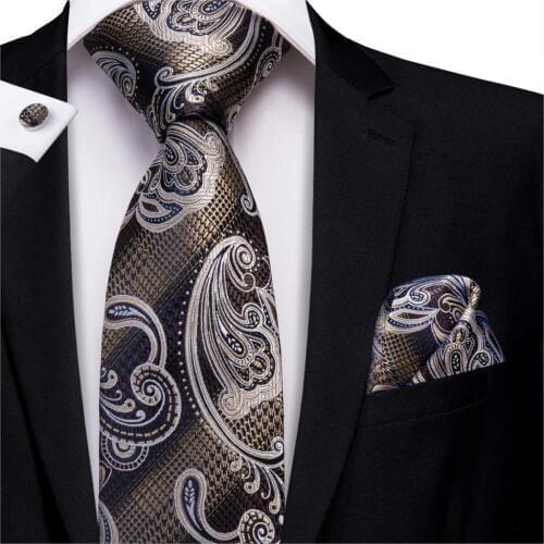 Men Ties Silk Gray Neck Tie Formal Paisley Handkerchief Cufflink Set Fashion Tie for Husband Father Hi-Tie C-3212 Dropshopping