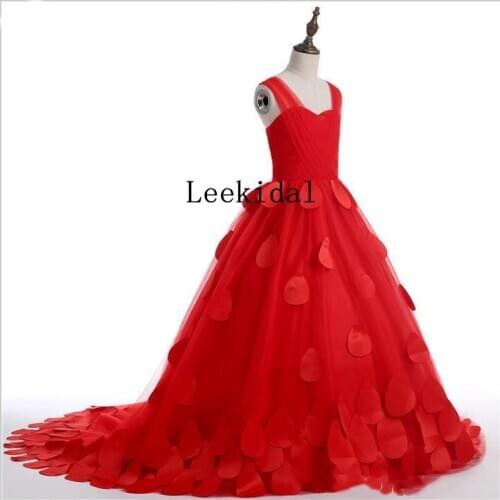Red Rose Petal round neckline Flower Girl Dresses A line sleeveless tulle First Communion For Girls pageant dresses Real Photos