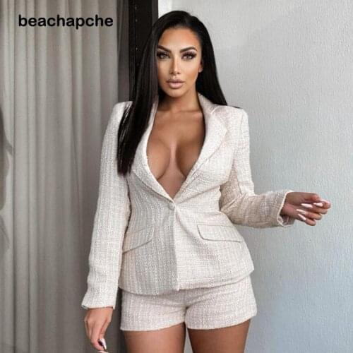 Beachapche Fashion Office Outwear Women Set Summer Suit With Shorts Long Sleeve Blazer Tops And Female Shorts Two Piece Set 2021