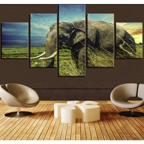 5 Pieces Forest Grassland And Big Elephant Canvas Posters Animal Painting Sunset Glowing Pictures For Living Room Decor Art