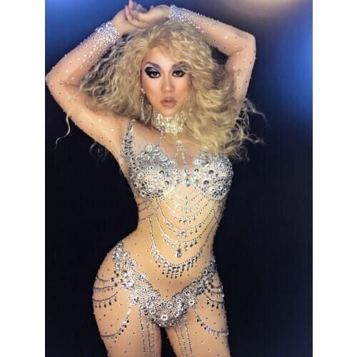Sexy dance costumes Nude Jumpsuit Stretch Stones Outfit Celebrate Bright Rhinestones Bodysuit Female Singer Birthday Dress