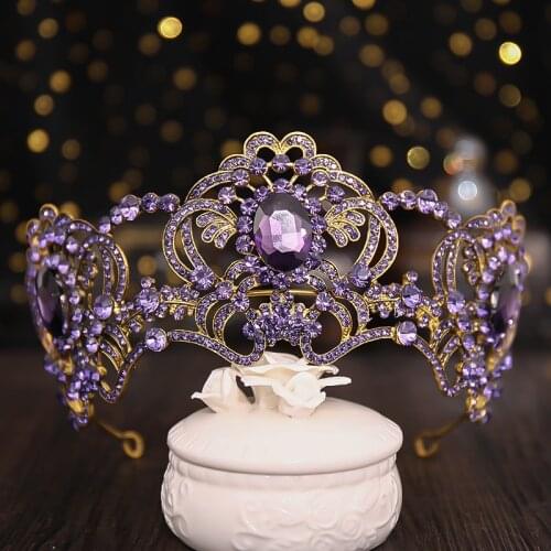 Baroque Vintage Gold Purple Crystal Tiaras Crowns Luxury Queen King Diadems For Wedding Hair Accessories Women Hair Jewelry