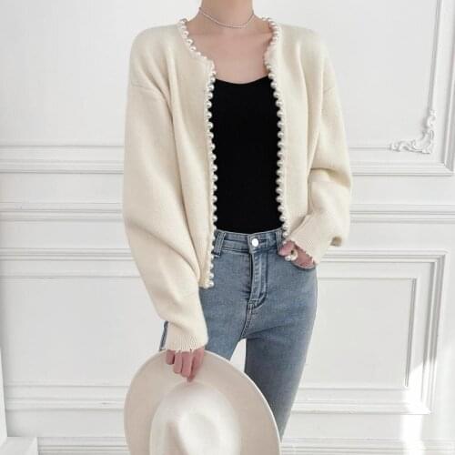 High Quality Fashion Women Pearl-Trimmed Knitwear Cardigan Black White Short Casual Jacket Sweater Ladies 2021 Spring Coat