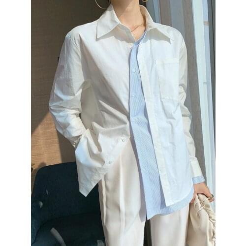 Women Plus Size Vintage Casual Long Sleeve T-Shirt 2021 New Fake 2 Pics Patchwork Stripe Spring Tops White Blue Solid Streetwear