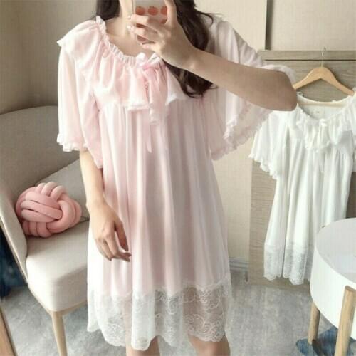 Women Vintage Lace Lolita Nightdress Ruffle Sleepwear Nightgown Flare Sleeve SHP