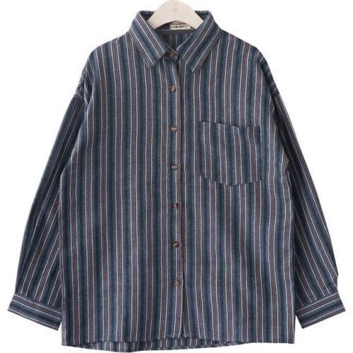 Shirts Women Long Sleeve Elegant Temperament Loose Leisure Striped Womens Shirt Korean Style Turn-down Collar Pockets Blouses