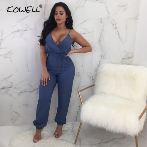 Kowell Denim Sleeveless Sexy Women Jumpsuit Romper Summer Deep V Neck Strap Backless Long Playsuit Fitness Overalls Party Club