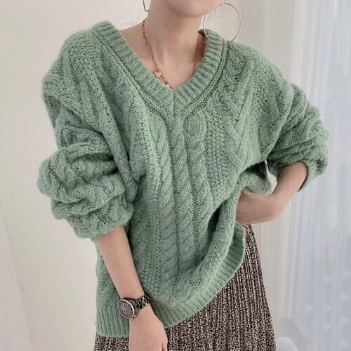 V Neck Green Grey Knitwear 2021 Cute Korean Jumpers Thick Knitted Loose Tops Winter Warm Solid Pollover Autumn Sweater Woman