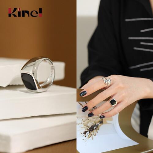 Kinel Bijoux 925 Sterling Silver Rings for Women Black Enamel Adjustable Finger Ring Woman Gift 925 Silver Jewelry