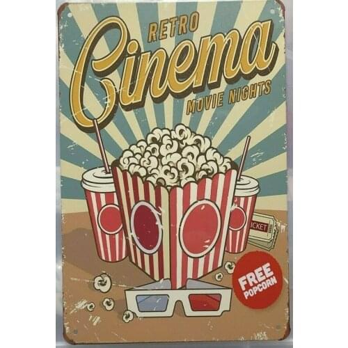 Cinema Tin Sign Movie Night Rustic Sign Vintage Popcorn For Man Cave Shed Cinema Bar Sign