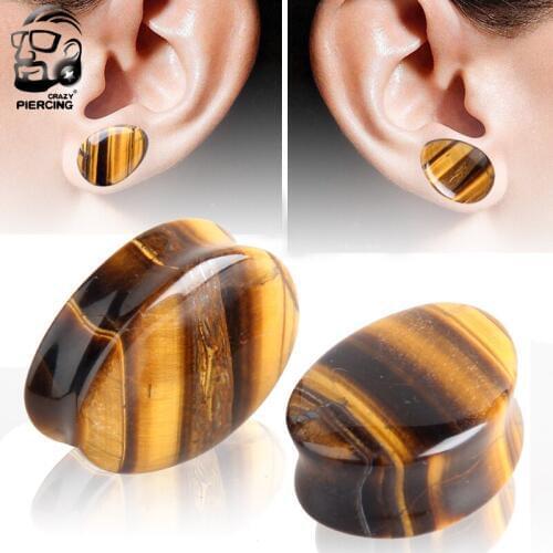 1Pair Teardrop Organic Yellow Tiger Eye Stone Ear Gauge Plugs andTunnels Waterdrop Ear Stretcher Expander Body Piercings Jewelry