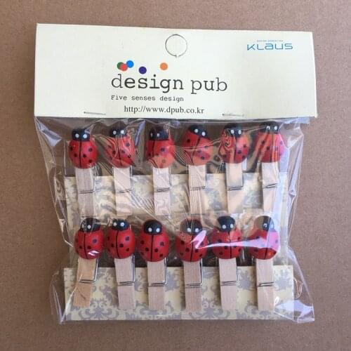 12 Pcs/Set Cute Red Beetles Wooden Clip Photo paper Clothespin Craft Clips Party Decoration Clip with Hemp Rope