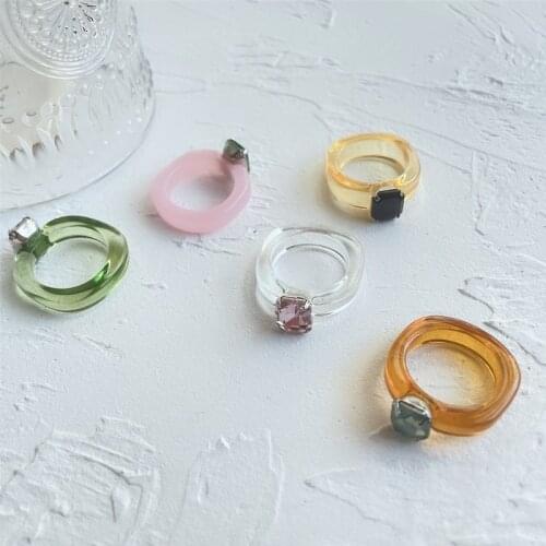 2021 New Transparent Resin Acrylic Rhinestone Colourful Geometric Square Round Rings for Women Jewelry Party Gifts Finger Ring