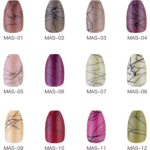 24Pcs Short Ballerina Luster Glitter False Nails Black Line Metal Style Press on Nails Acrylic ABS False Nails Nail Art Tool