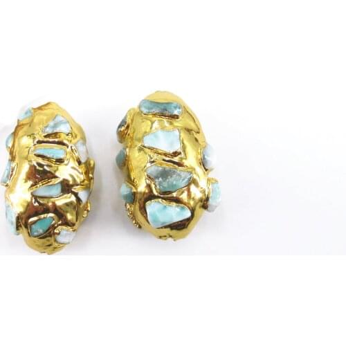 3PCs 25x40mm Yellow gold plated Micro Pave Natural Larimar Gems Stone Beads necklace pendant Jewelry DIY