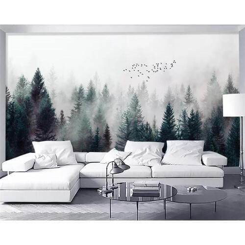 Beibehang 3d wallpaper Modern fresh foggy forest clouds flying birds Nordic TV background wallpaper living room bedroom murals