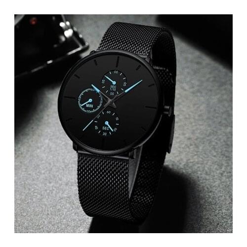 Fashion trend casual slim three-eye blue needle mesh steel black mesh strap watch unisex stainless steel quartz watch