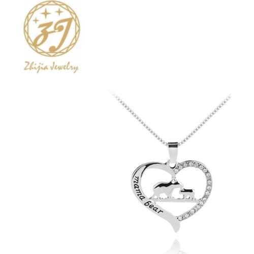 Zhijia heart shape mama bear crystal rhinestone necklace pendants for women baby necklace mothers day gifts